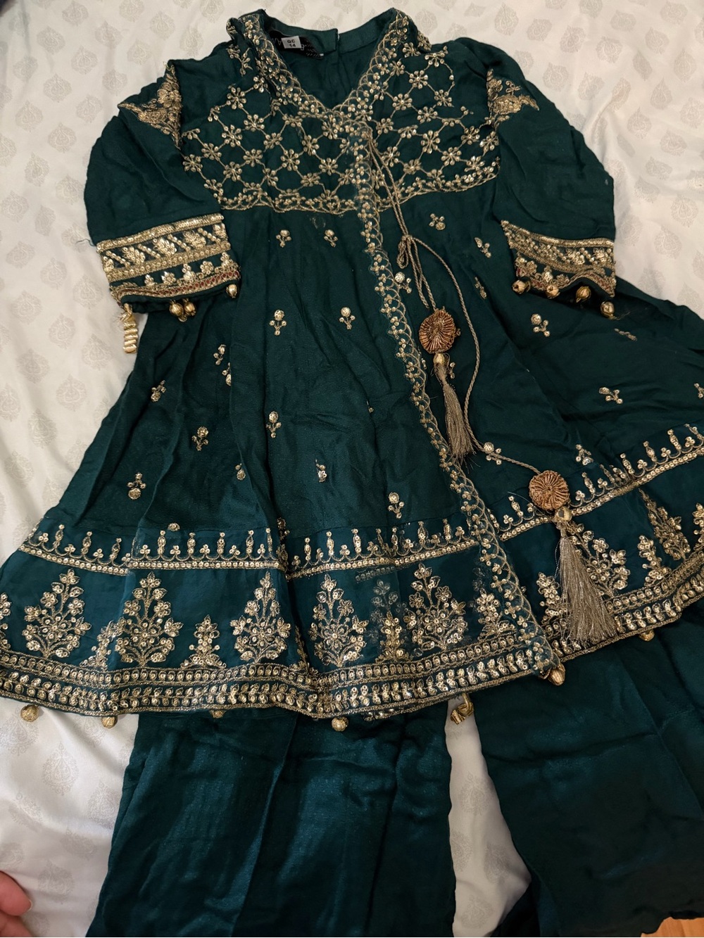 Girls Emerald Green Embroidered Formal Dress with Gold Accents